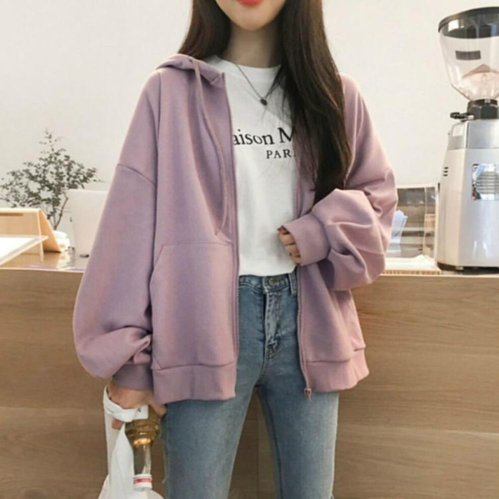 (L, purple) Velvety Hoodie Solid-color Hoodie Women's Zip-up Casual Blazer  Loose-fitting