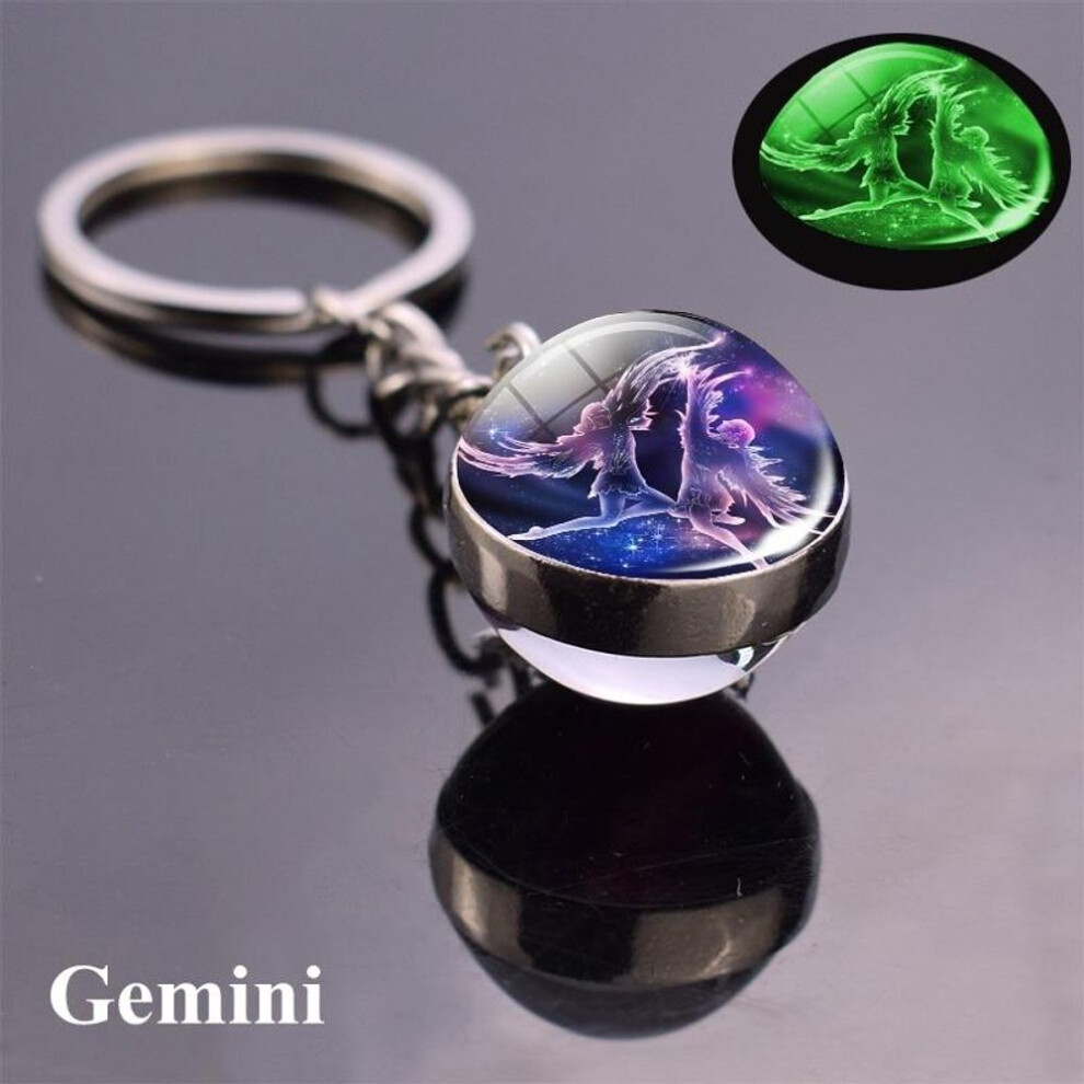 (Other, Gemini) 12 Constellation Luminous Keychain Glass Ball Pendant Zodiac Keychain Key Chain Holder Men Women Birthday Gift