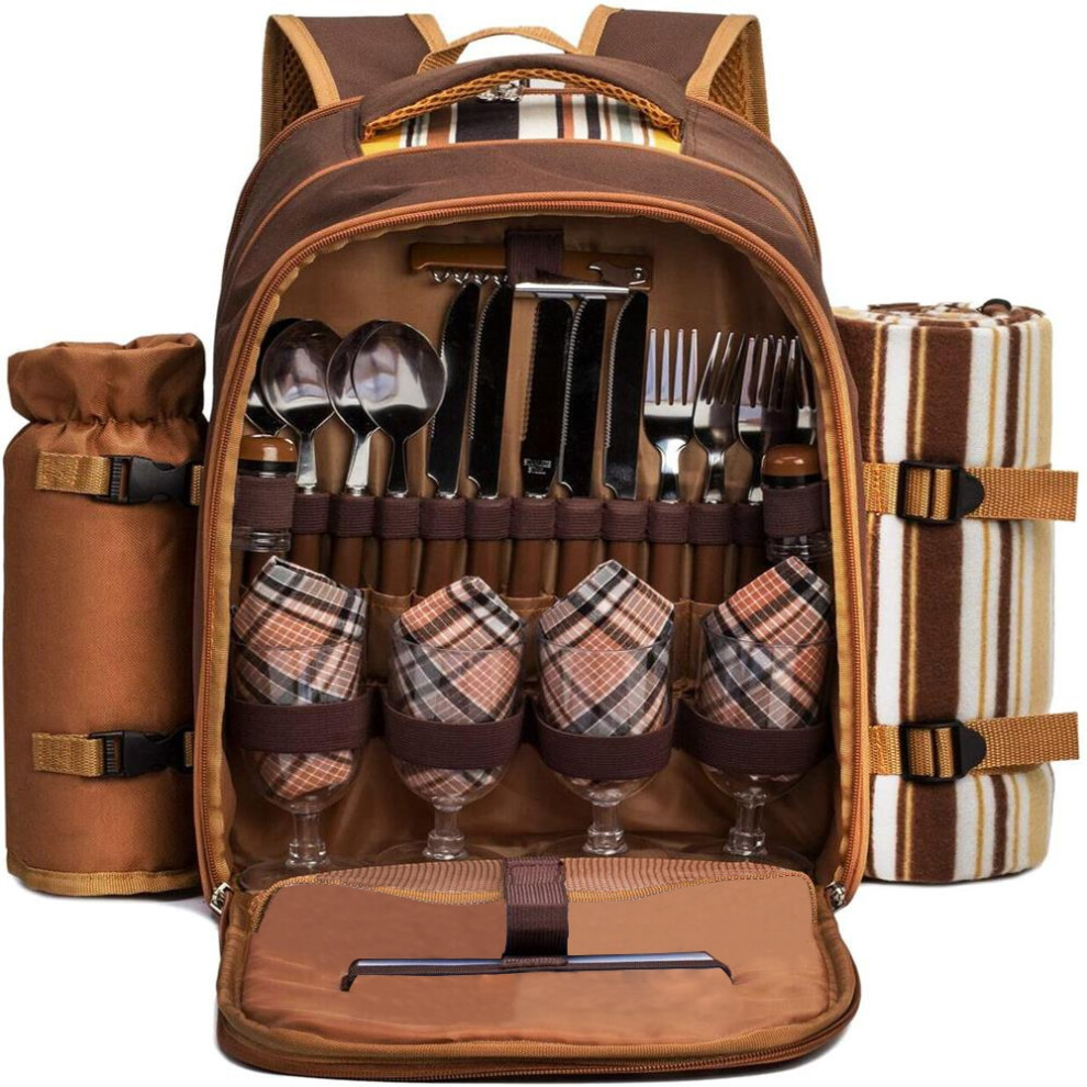 (Yellow) Picnic Bag Tableware Set Outdoor Portable Thermal Insulation Cold Storage 4Four-person Camping Double-shoulder Picnic Backpack