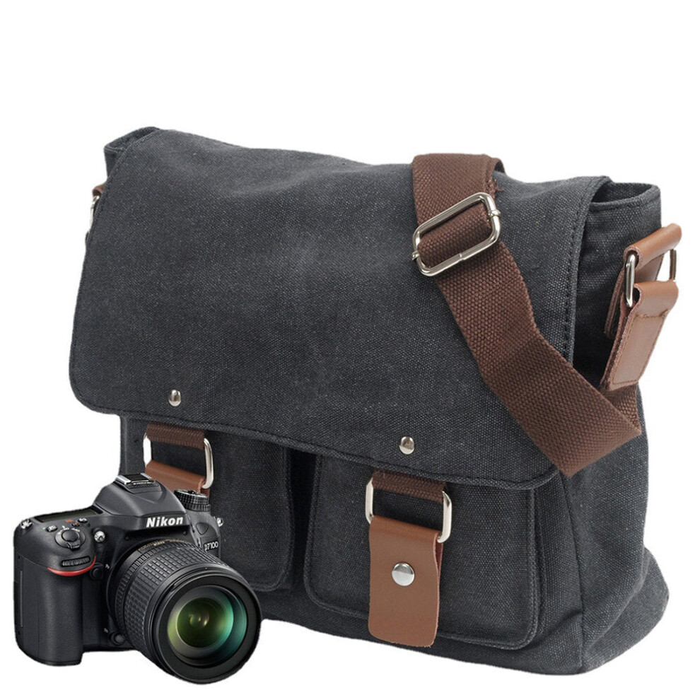 (Black) Canvas Camera Bag Shoulder Bags Messenger Bag with Inner Tank for Canon for Sony for Nikon Micro SLR Camera