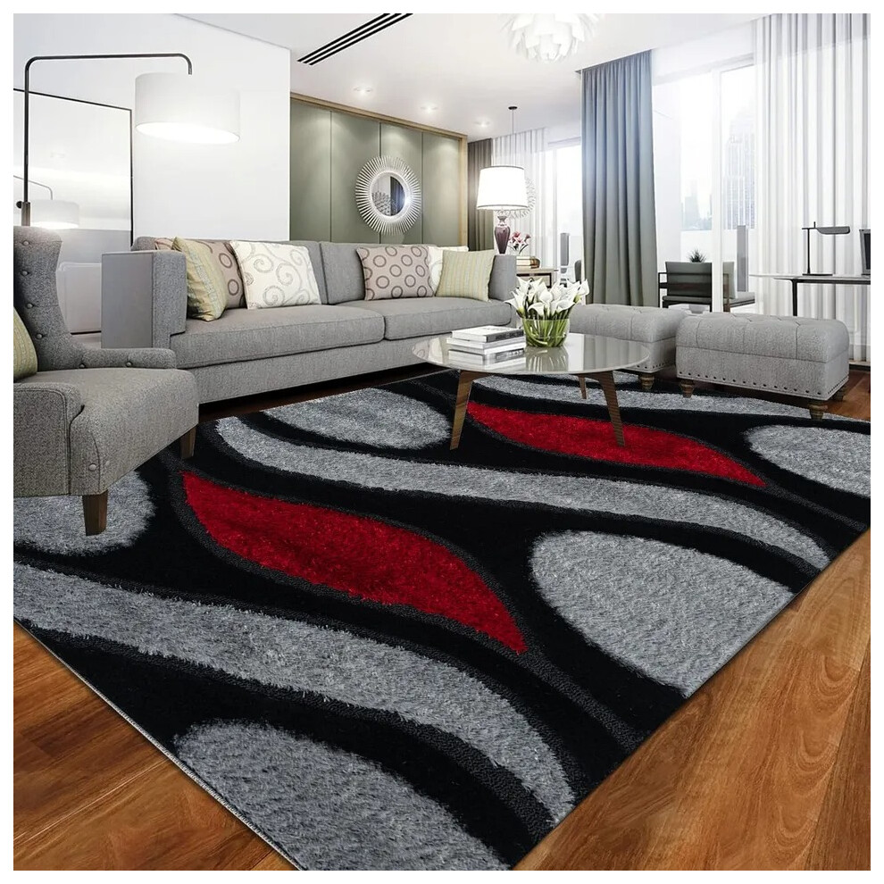 (Black Red, 120x170cm) Thick Large Shaggy Rugs Non Slip Hallway Runner Rug Bedroom Living Room Carpet