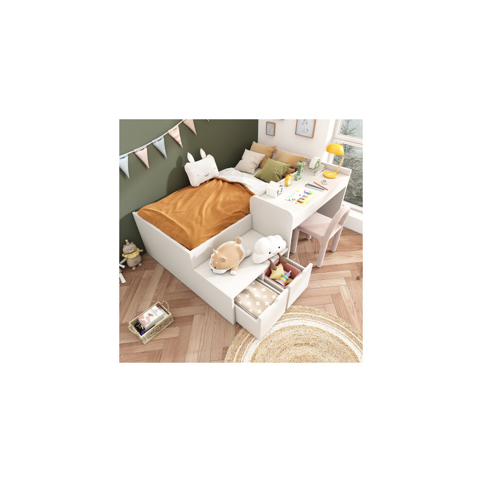 3ft Kids Wooden Bed with Desk and Drawers, 90 x190 cm, White, with Storage，for Kids&Teenagers & Adults (No Mattress)