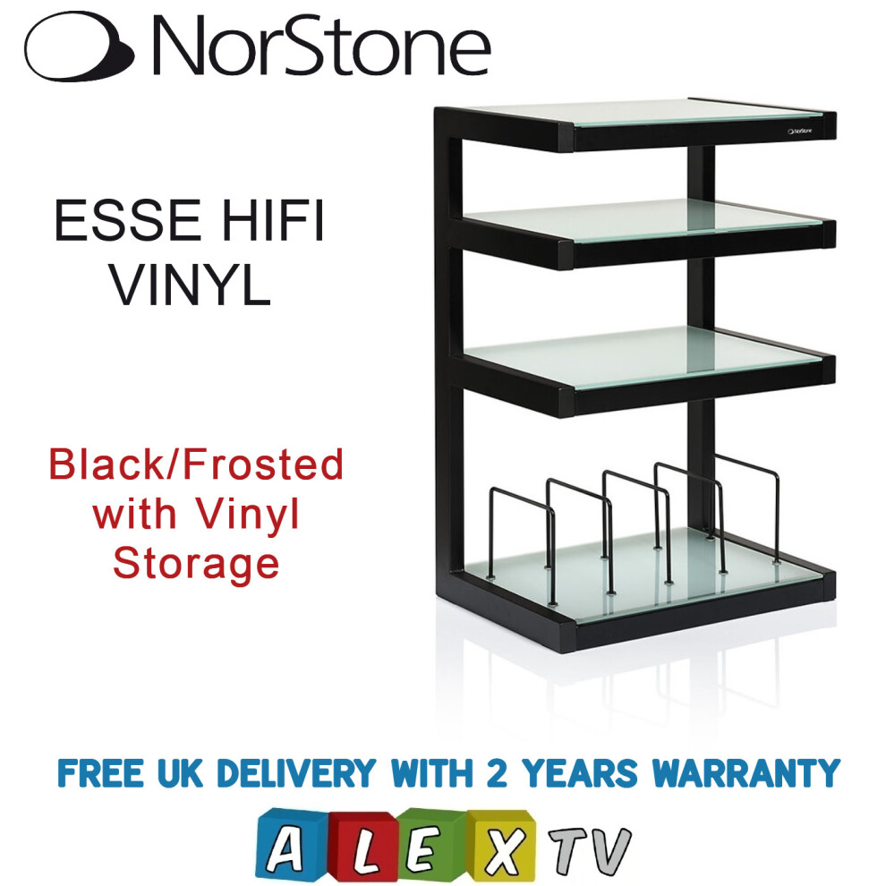 Norstone ESSE Black HiFi Rack 4 Frosted Shelf with Vinyl Storage AV Hi-Fi Stand