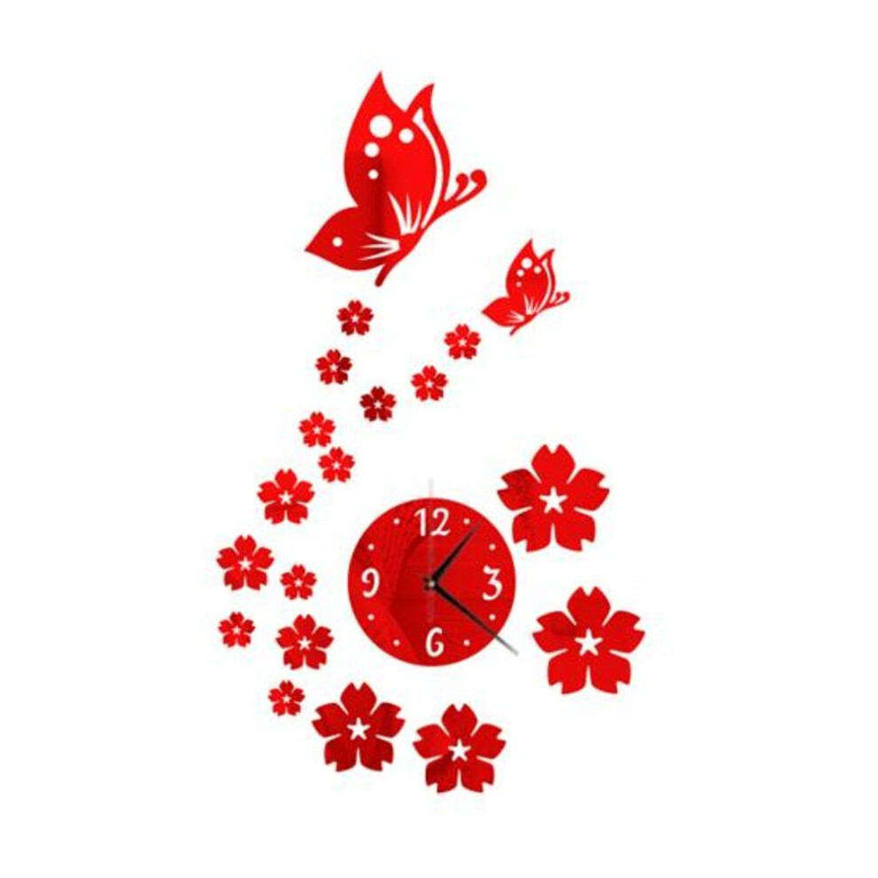 (red) Diy Home Room Modern Decor 3D Butterfly Flower Wall Clock Mirror Surface Sticker