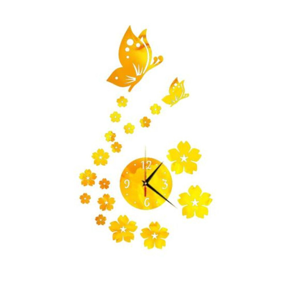 (golden) Diy Home Room Modern Decor 3D Butterfly Flower Wall Clock Mirror Surface Sticker