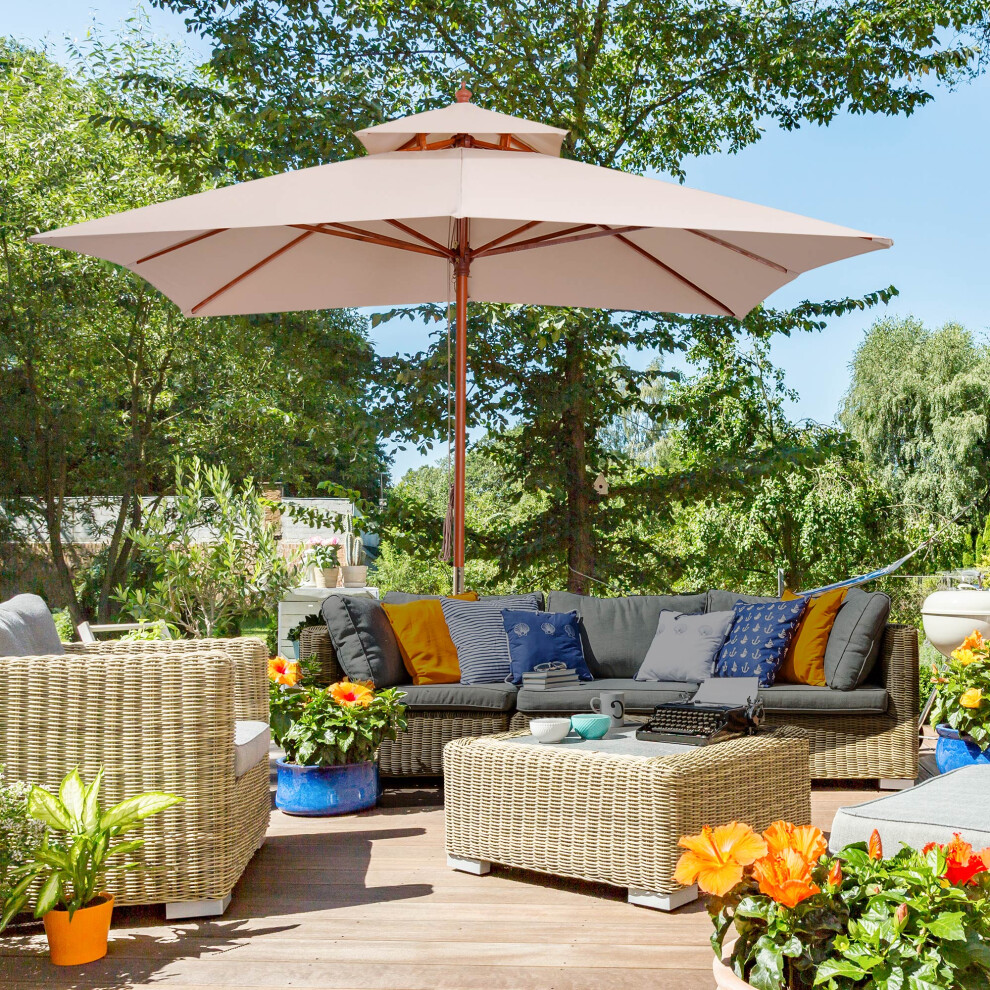 Outsunny 3M 2-Tier Patio Parasol Garden Sun Umbrella Sunshade Bamboo W/ Pulley