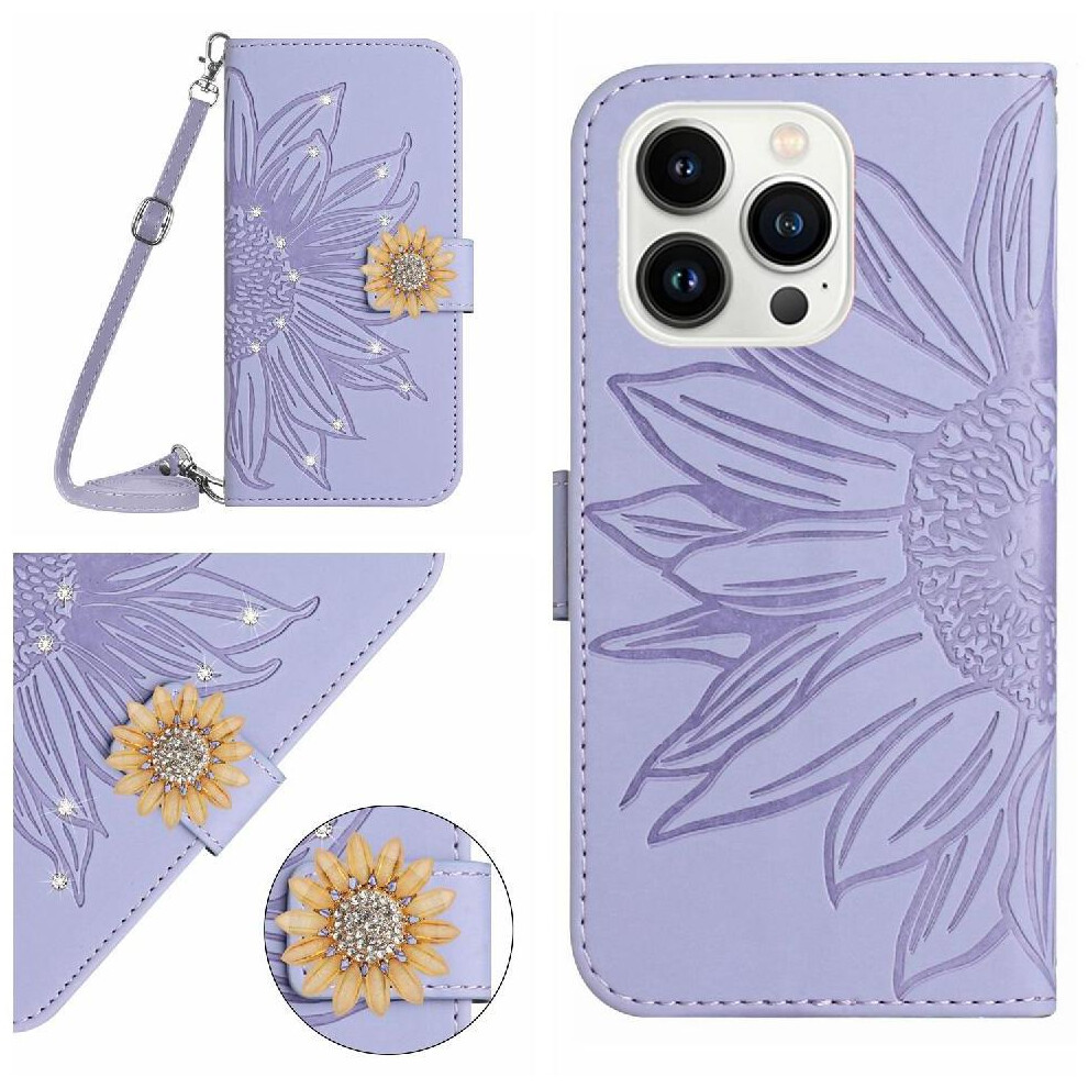 ( Violet) Flip Case For Iphone 16 Pro Max Kickstand Protective With A Long Lanyard Sunflower With Card Slot Stand Leather Wallet Light 764549375899