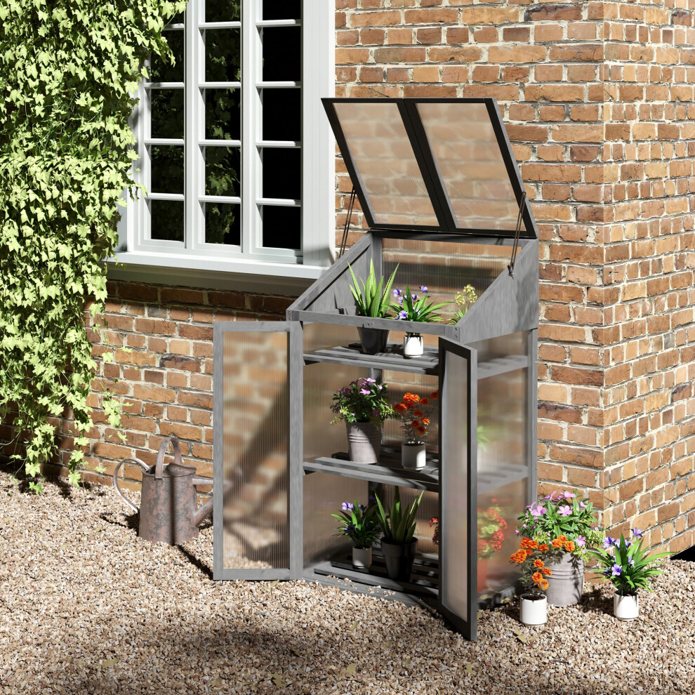 Bobobiy Grey Wooden Cold Frame Polycarbonate Greenhouse With Openable Top Cover And Double Door, Grow House For Flower, Vegetable And Plants, 70 X 50 X 120Cm, - Image 4