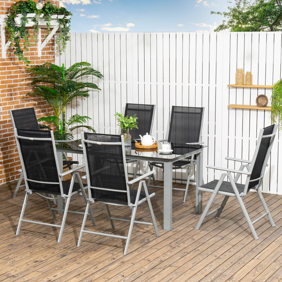 Rackhams Black 7 Piece Garden Dining Set, Outdoor Table And 6 Folding And Reclining Chairs, Aluminium Frame, Tempered Glass Top Table, Texteline Seats, - Image 7