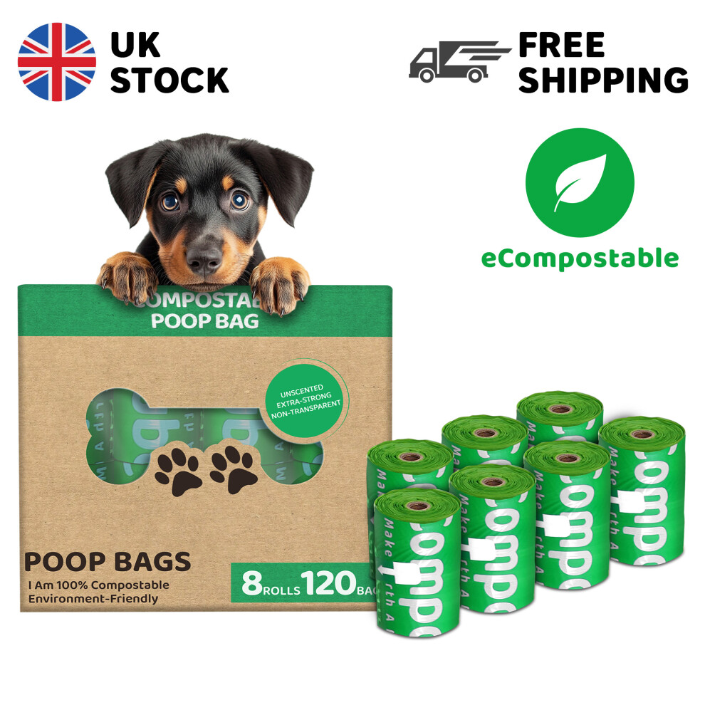 eCompostable Dog Poo Bags Biodegradable Poop Bags For Dogs Waste Bag 23x33cm Leak Proof Dog Cat litter Bags Green- Dog Poop Bags 8 Rolls - 120 Count
