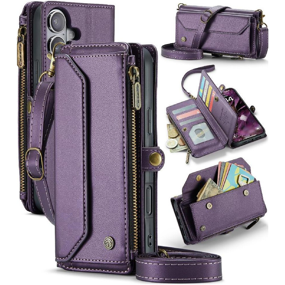 (Purple) Crossbody Case For Iphone 16 Rfid Blocking Card Holder Case Wallet Zipper Bills Slot Wallet Case For Women Purple 764549378623
