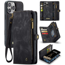 (Black) Case for iphone 16 Pro Max Detachable Card Holder Wallet Cover Trifold with Strong Magnetic Tpu Pc Handmade Leather Zipper