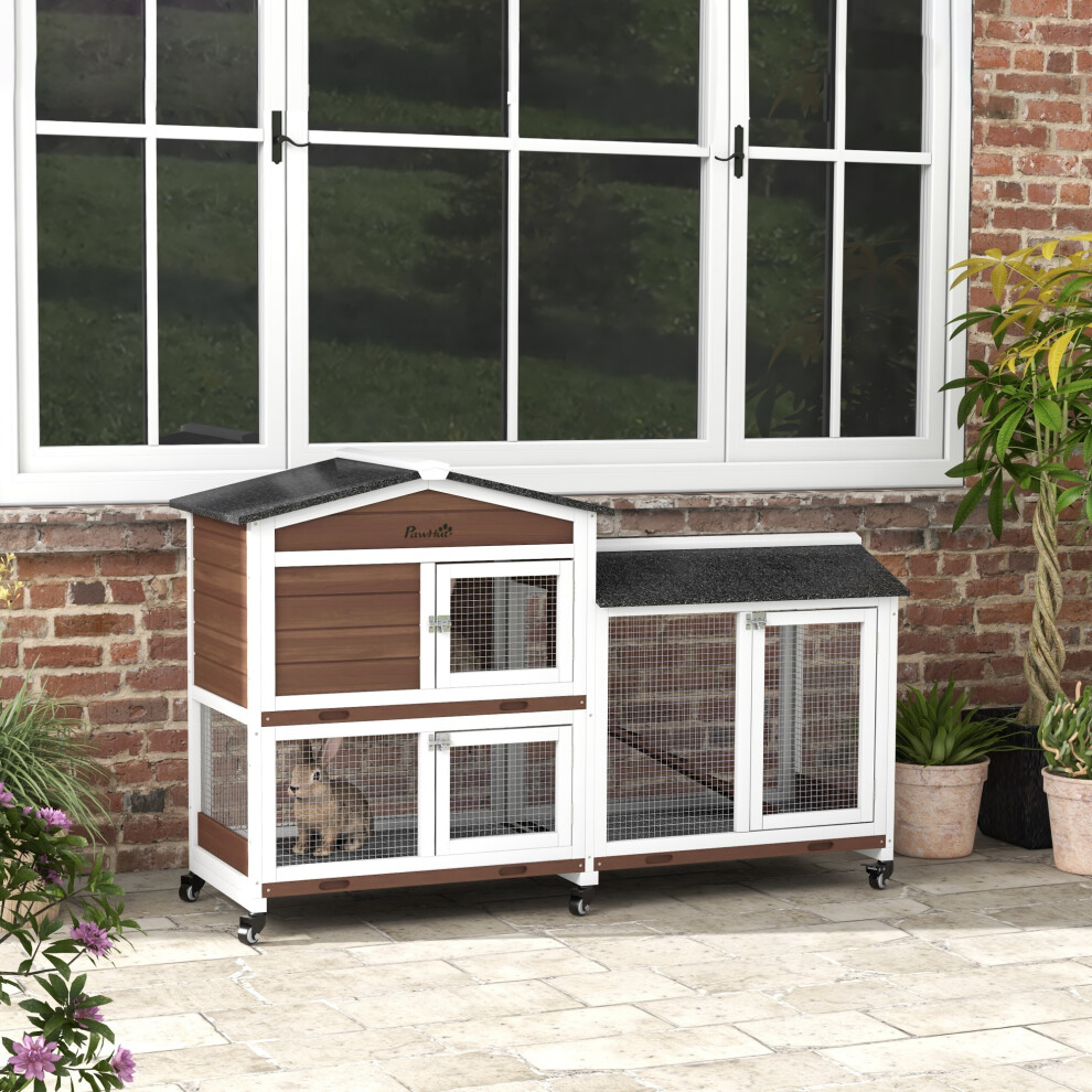Pawhut Wooden Rabbit Hutch Guinea Pig Cage W/ Wheels, Run, Ramp, Brown
