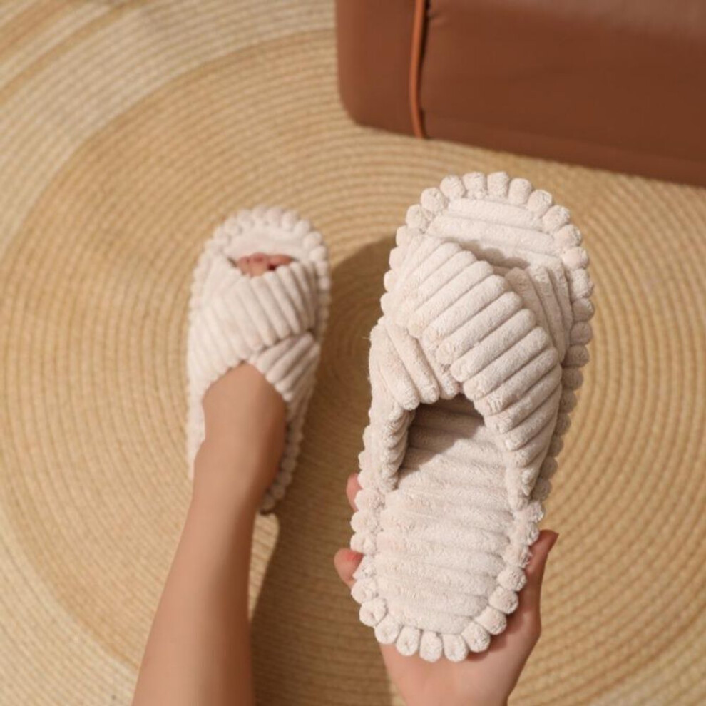 (khaki, 36-37) Hairy Cross Belt Cotton Slippers For Women, Home Plush Cotton Slippers For Women
