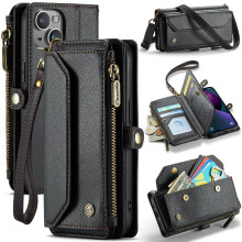 (Black) Crossbody Case for iphone 14 Plus Rfid Blocking Card Holder Zipper Bills Slot Wallet Case for Women Case Wallet