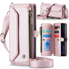 (Pink) Crossbody Case for iphone 14 Plus Rfid Blocking Card Holder Zipper Bills Slot Wallet Case for Women Case Wallet