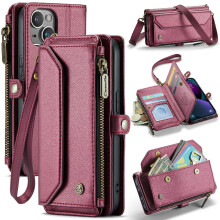 (Red) Crossbody Case for iphone 14 Plus Rfid Blocking Card Holder Zipper Bills Slot Wallet Case for Women Case Wallet