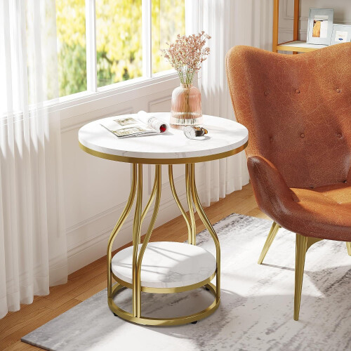 Tribesigns Tribesigns Side Table Round Side Table in White Gold, Side Table with 2 Levels 2