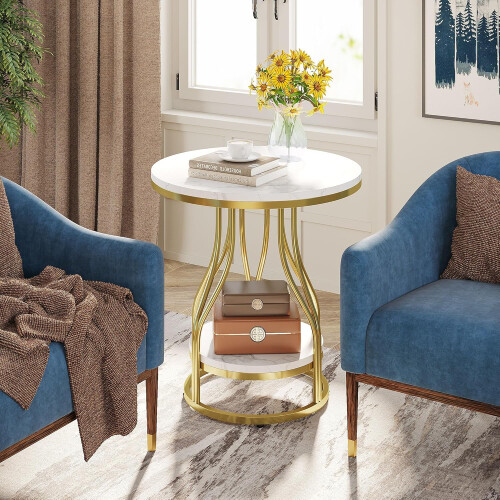 Tribesigns Tribesigns Side Table Round Side Table in White Gold, Side Table with 2 Levels