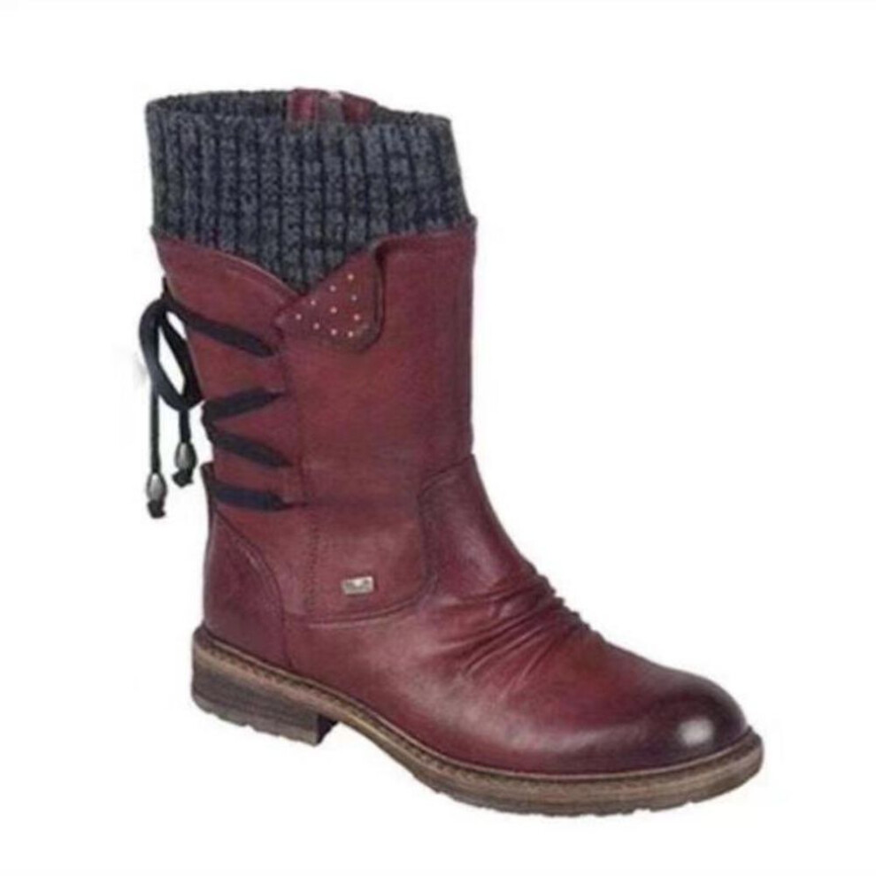 (burgundy, 43) Large Size Women&apos;s Boots, Thick Heel, Mid Length Woolen Boots, Ladies&apos;