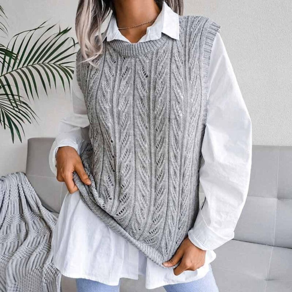 (gray, L) Sleeveless Pullover Women Sweater Vest Loose Warm Casual Knitted Vest Sweater Autumn Winter  Round Neck Women Vest Tops 18139
