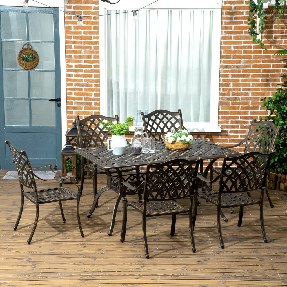 Outsunny 7-Pc Cast Aluminum Patio Dining Set W/ Umbrella Hole & Cushion, Bronze