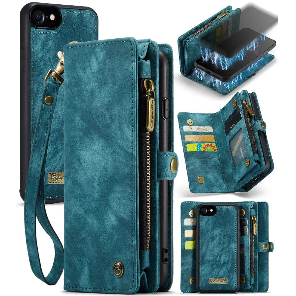 Photos - Case   for iPhone 7/8 TPU PC Handmade Leather Zipper Strong Magnetic Detachable Card Holder Wallet Cover Trifold with(Blue)