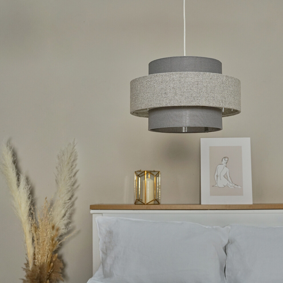 Pair of - Modern Cylinder Ceiling Pendant Light Shades in a Dark Grey & Light Grey Herringbone Finish - Complete with 10w LED GLS Bulbs [3000K Warm