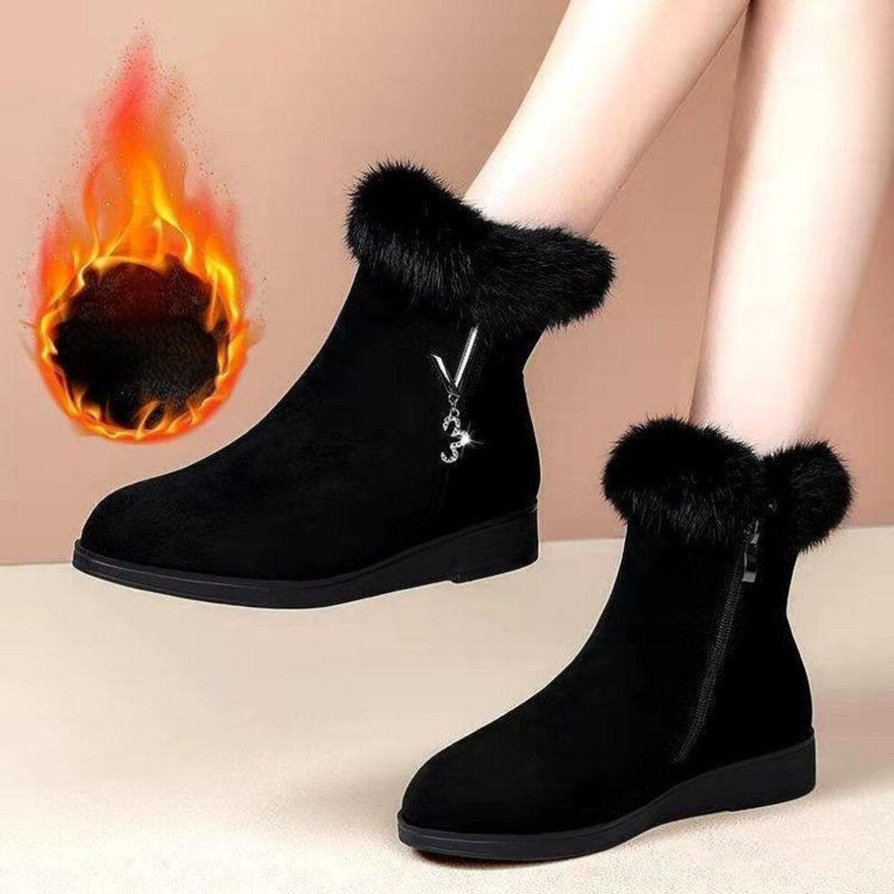 (black, 41) Snow Boots For Women Winter New Frosted Leather Thickened Cotton Boots With Flat Bottoms And Plush Oversized Cotton Shoes For Women