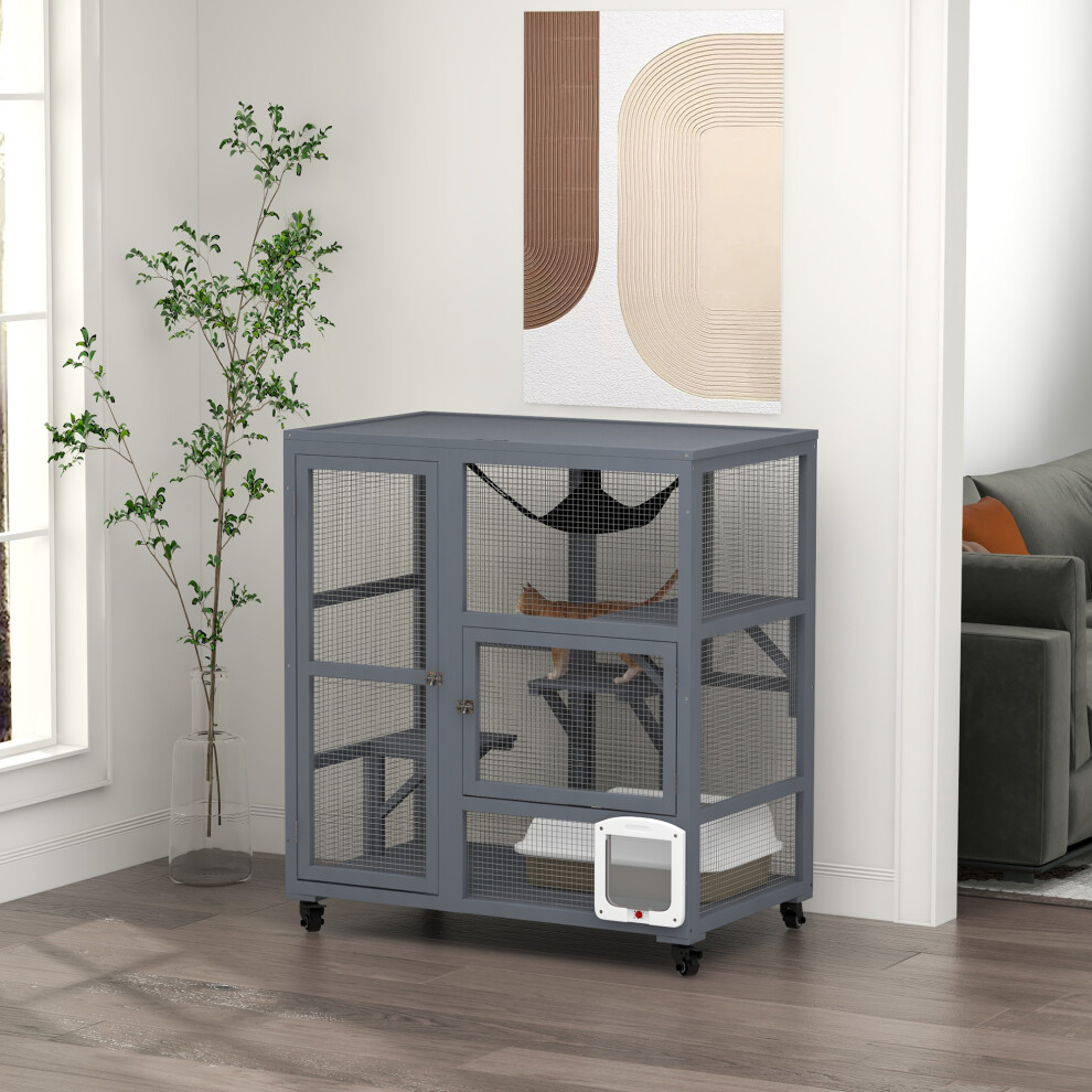 Pawhut Indoor Catio Cat House On Wheels With Platforms, Hammock