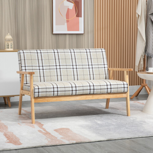 Homcom HOMCOM Two Seater Sofa with Rubber Wood Frame Linen Fabric Small Couch Beige