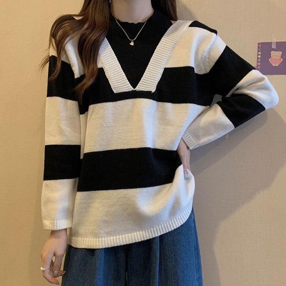 (M, black) Autumn Casual Loose Striped Sweater Women Winter Sexy Off Shoulder Fake Two Piece Knitted Pullover French Style Soft Top 28931