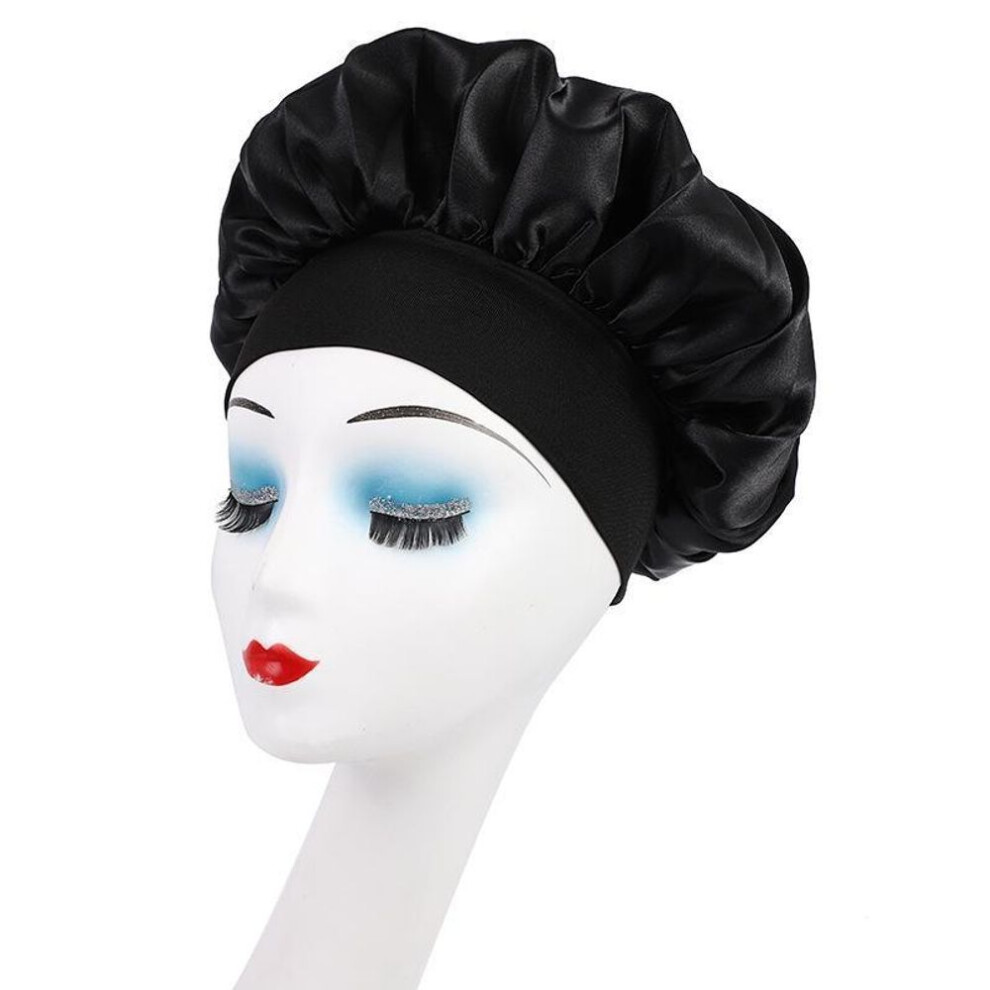 (black) Wide Brim Elastic Satin Hair Care Cap - Women&apos;s Sleep, Salon, and Shower Use