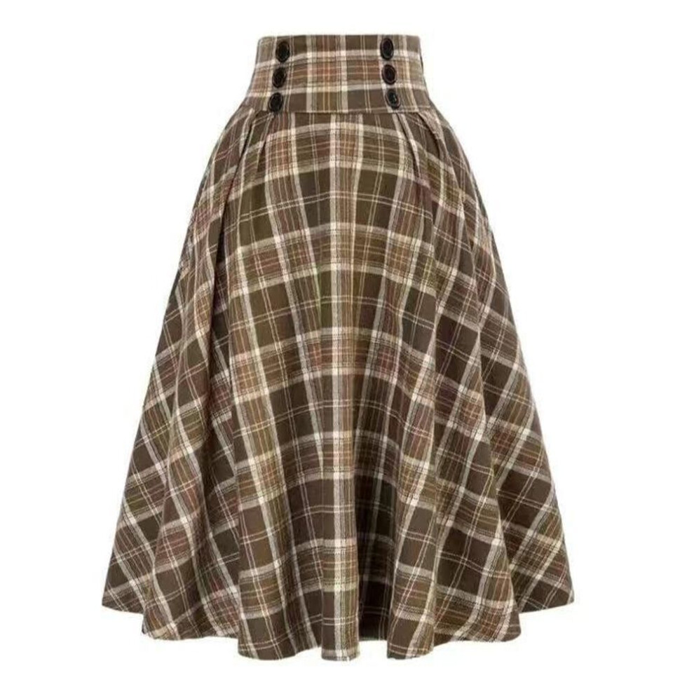 (XL, khaki) Retro Plaid High-waist Flannel A-line Skirt - Slim And Stylish For Autumn/winter
