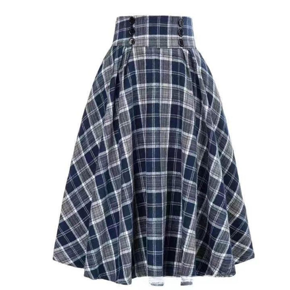 (XL, blue) Retro Plaid High-waist Flannel A-line Skirt - Slim And Stylish For Autumn/winter