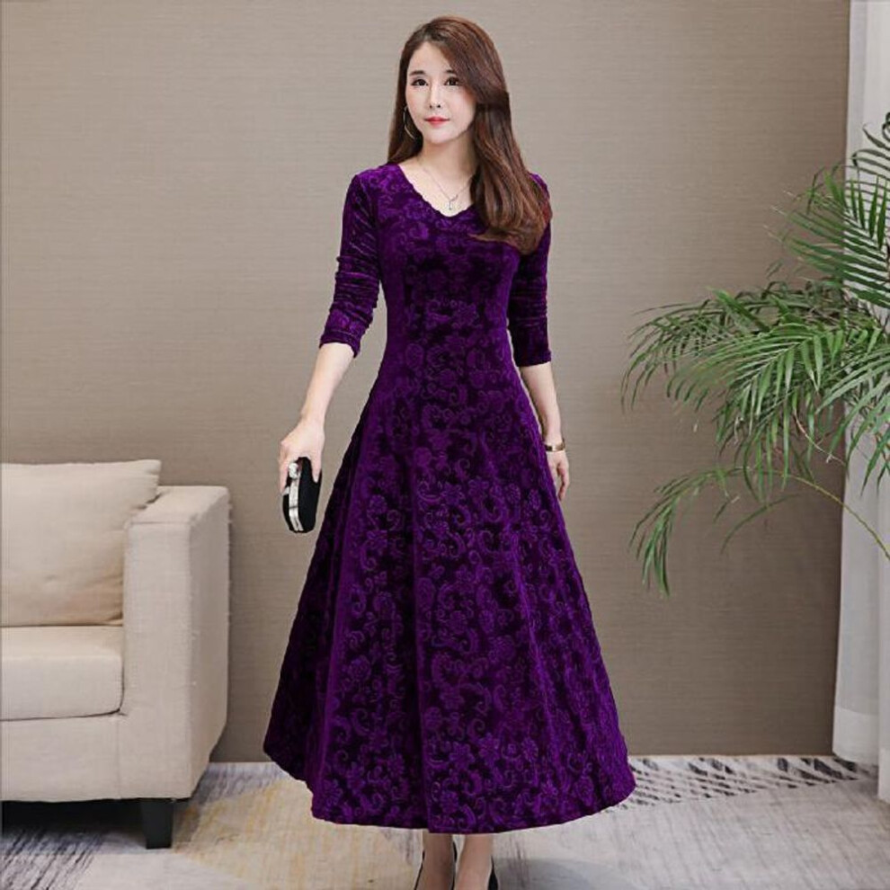 (purple, XXL) "2023 Spring & Autumn Gold Velvet Plus Size Slim Fit Long-Sleeve Dress with Big Swing Skirt for Women"