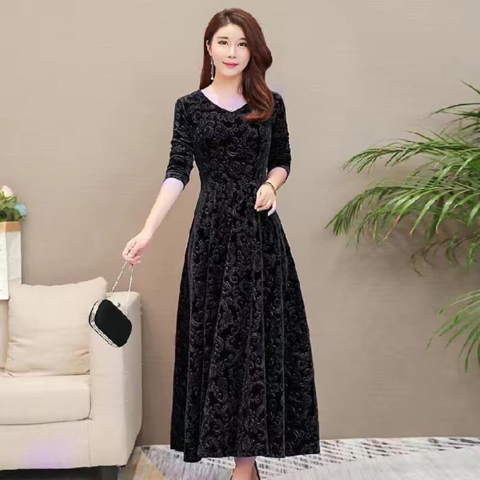 (black, 2XL) "2023 Spring & Autumn Gold Velvet Plus Size Slim Fit Long-Sleeve Dress with Big Swing Skirt for Women"