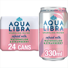 Aqua Libra Sparkling Water, Sugar Free Fruit Water, No Sugar, No Calories, Strawberry & Watermelon, 330 ml, Pack of 24 Cans