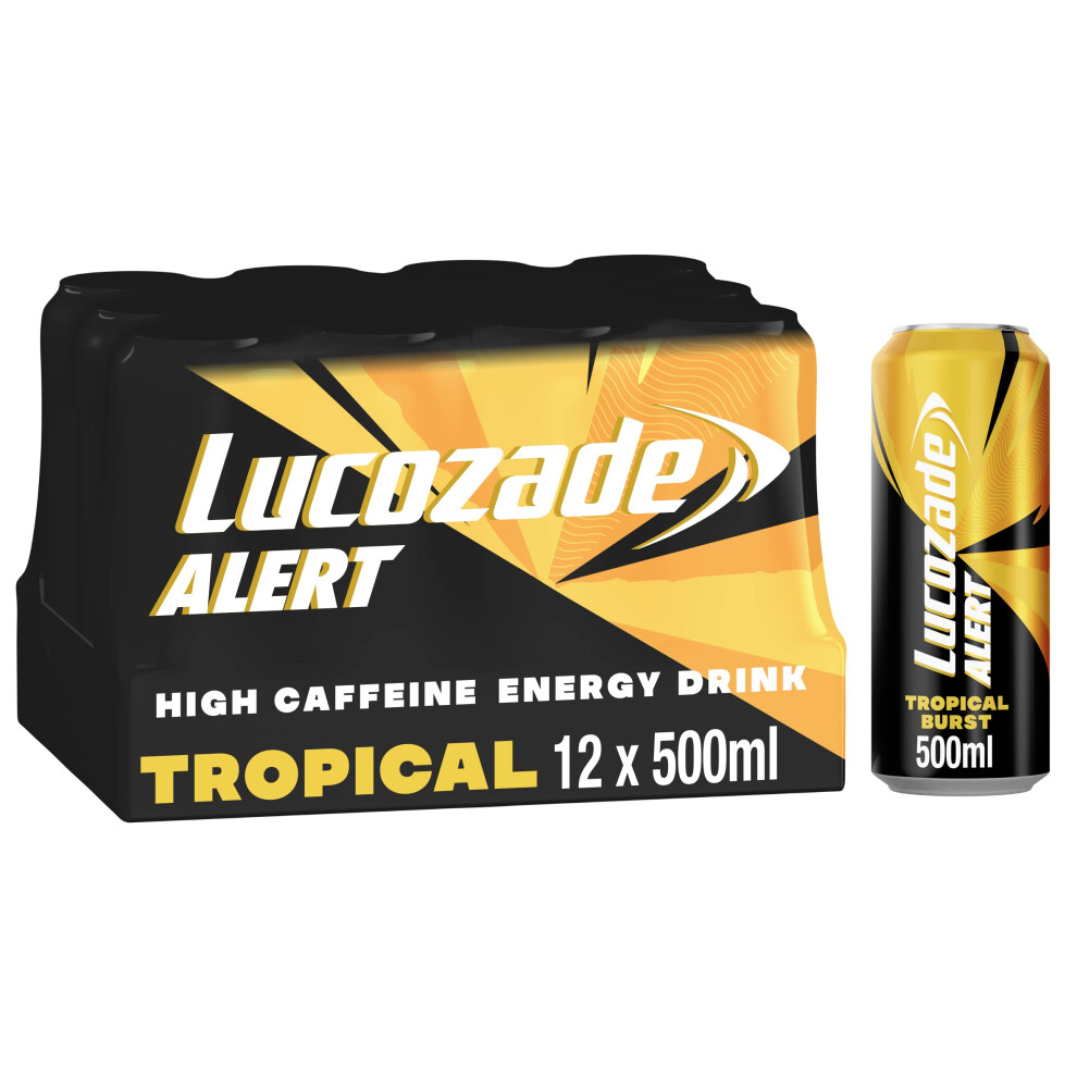 Lucozade Alert Tropical 12x500ml- Can ; High Caffeine Energy Drink ;Great Taste; Contains Vitamin B3 To Help Reduce Tiredness ;Fully Recyclable