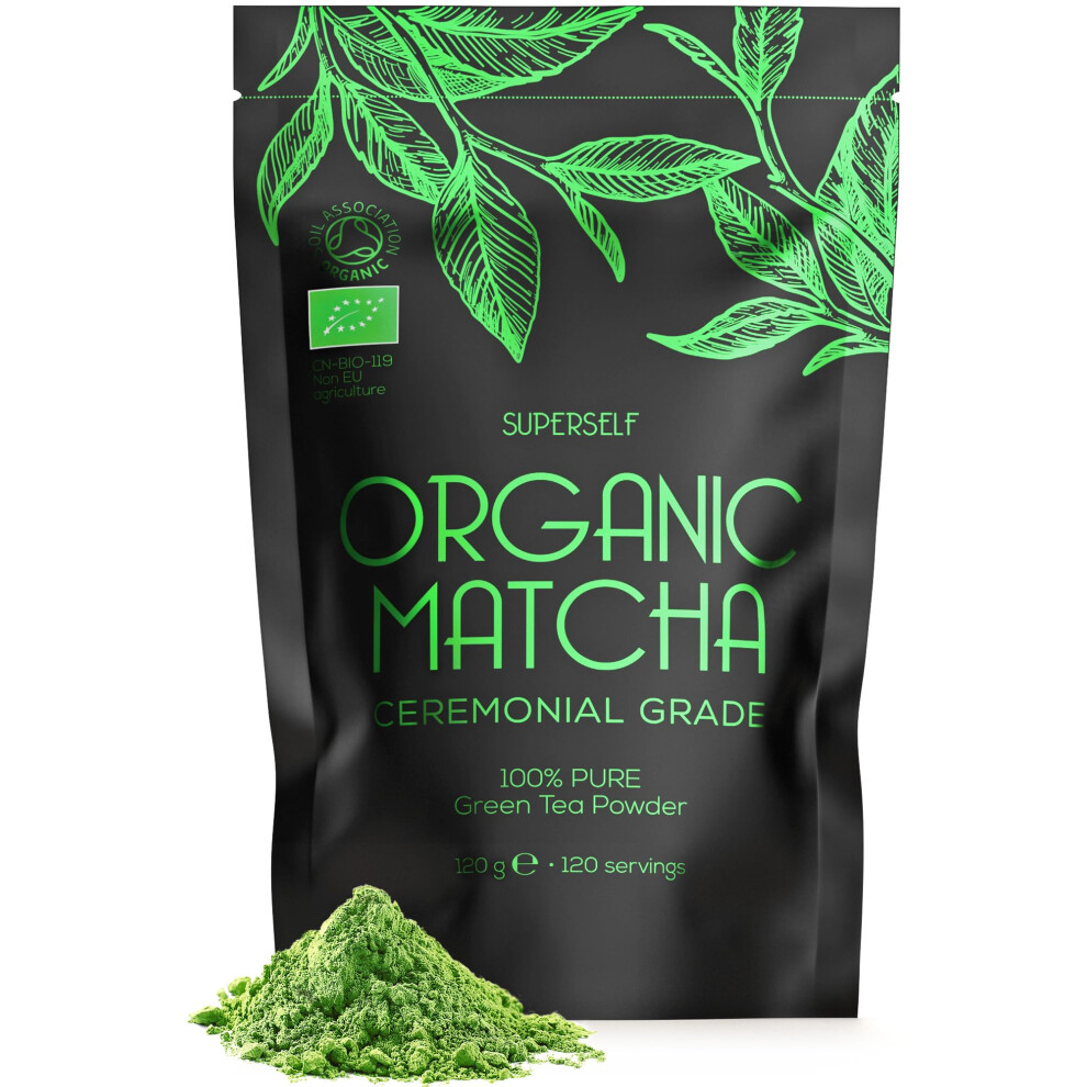 Superself Organic Matcha Tea Powder - Ceremonial Grade - 120G (120 Servings) - Premium Matcha Tea Powder - Certified Organic By The Soil Association Green