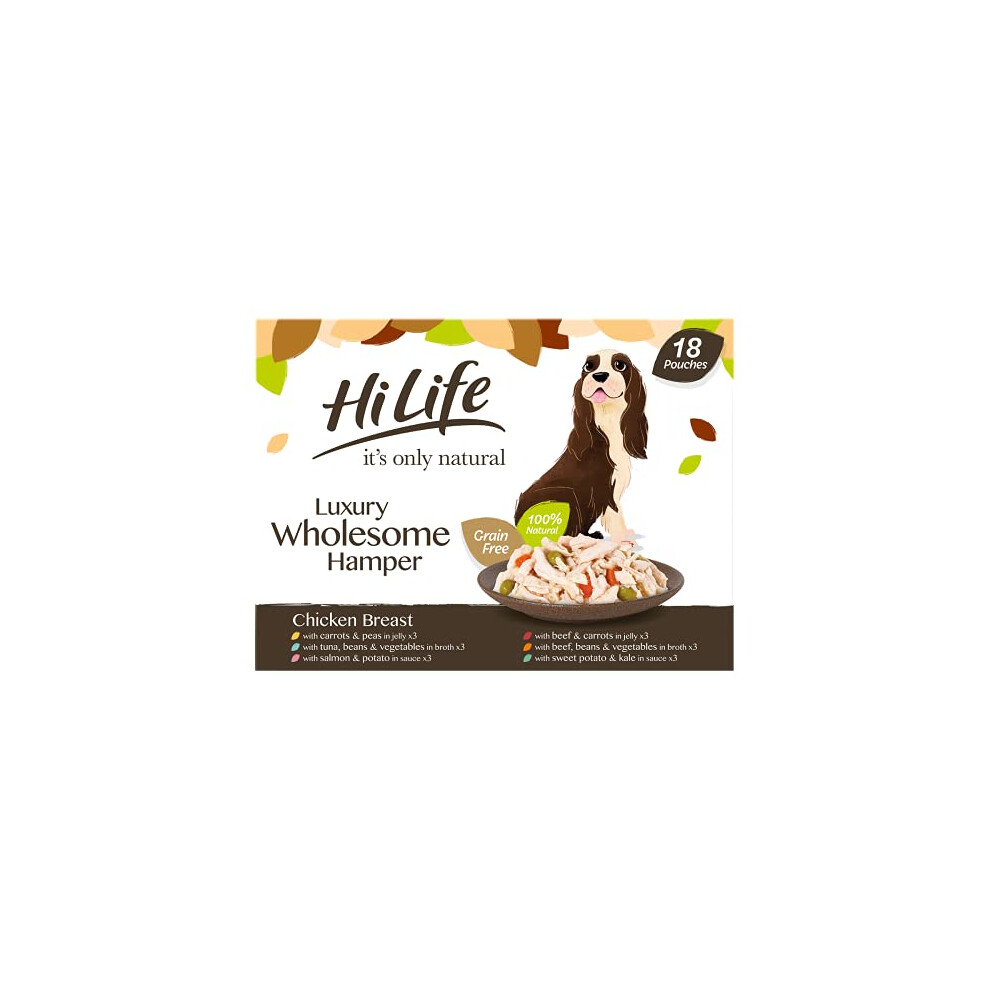 HiLife it's only natural Wet Dog Food - The Luxury Wholesome Hamper with Chicken Breast, Tuna, Salmon, Beef, Vegetables, Multipack of 36 Pouches x
