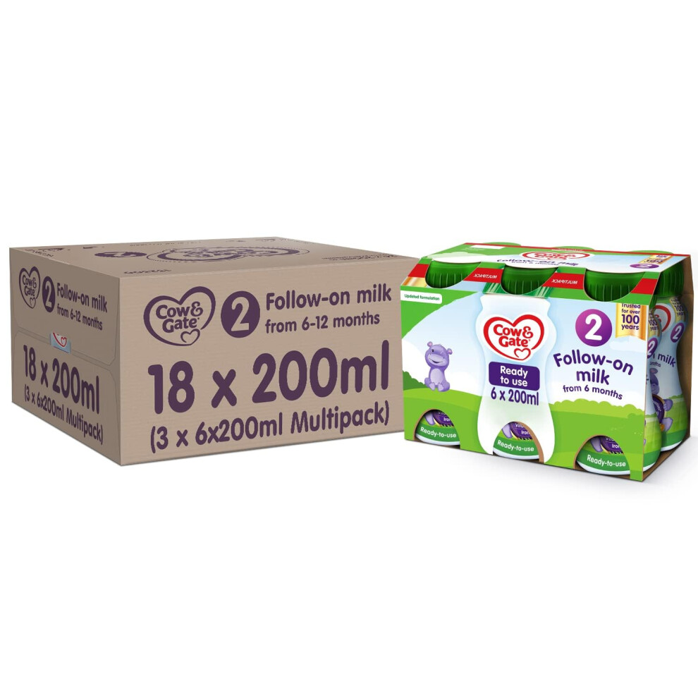 Cow & Gate 2 Follow On Baby Milk Ready To Use Liquid Formula, 6-12 Months, 200 ml, (Pack Of 18)