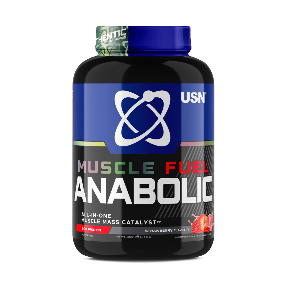 USN Muscle Fuel Anabolic All-In-One Muscle Mass Gainer, Strawberry Flavour - 2kg, 54g Protein Powder, 5g Creatine Powder & 5g BCAA Powder For Maximum