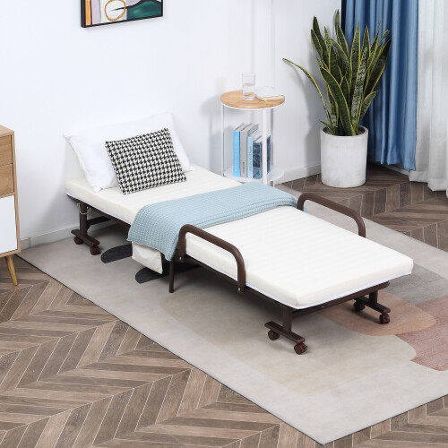 Homcom HOMCOM Folding Bed with Mattress & Wheels, Adjustable Backrest Guest, White