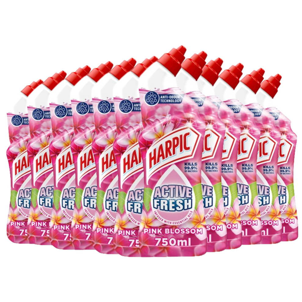 Harpic Active Fresh Toilet Cleaning Gel, Pink Blossom, Pack 12 x 750 ml, Infused with Essential Oils, Kills 99.9% of Bacteria, Toilet Cleaner