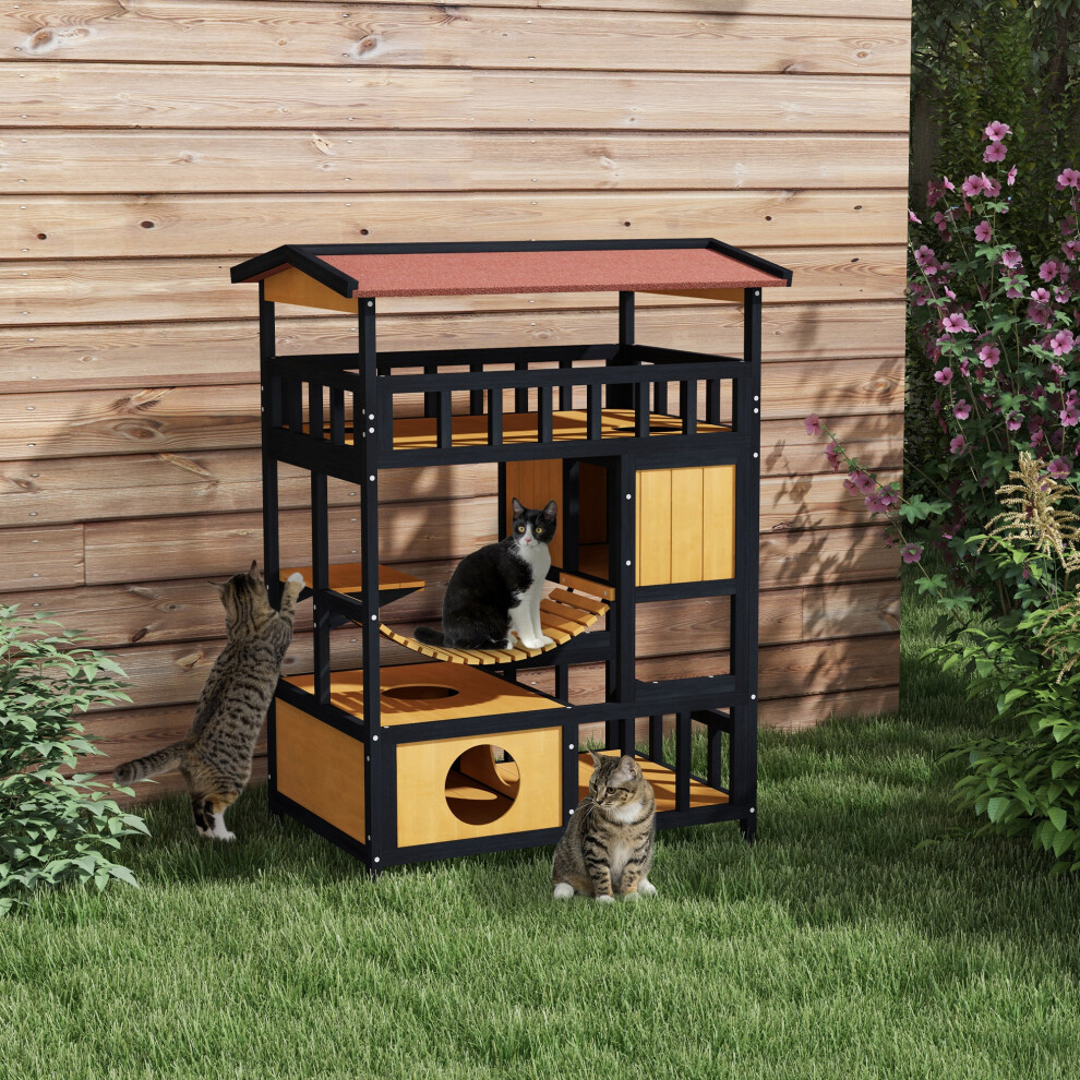 Pawhut Unisex Yellow 4 Tiers Outdoor Cat House, Wooden Cat Shelter W/ Suspension Bridge, Corridors In - Image 3