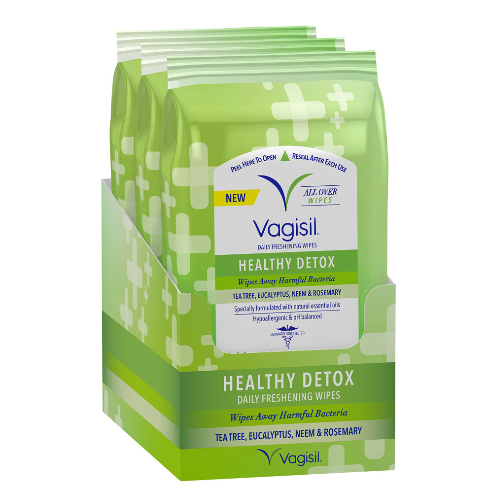 Vagisil Healthy Detox Wipes, For All Over Cleaning, Formulated With Essential Oils, 20 Wipes In A Re-Sealable Pouch (Pack Of 3)