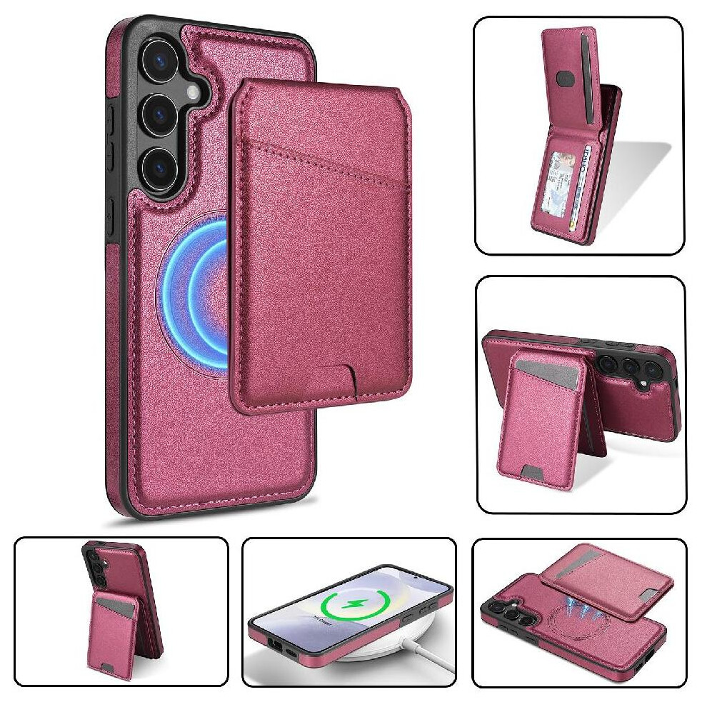 (Red) Wireless Charging Case For Samsung Galaxy S24 Magsafe Wallet Case Card Holder Magnetic Closure Kickstand Red 764549390915