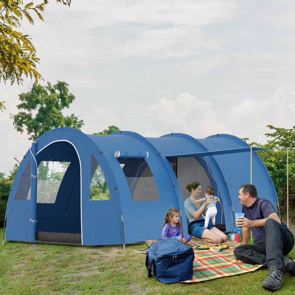 Outsunny 5-6 Man Family Tent Camping Tent with 2 Room and Carry Bag, Blue