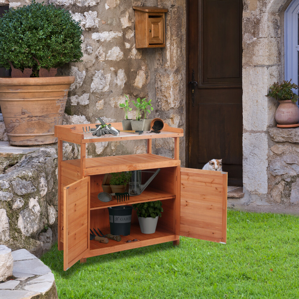 Outsunny 2 In 1 Potting Bench Table W/ Storage Cabinet And Galvanized Table Top